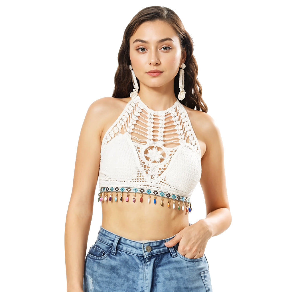 PALAY Women's Summer Beach Backless Crochet Halter Bikini Crop Top Crochet Hollow Out Tassle Embroidery Knit Boho Beachwear PALAY Women's Summer Beach Backless Crochet Halter Bikini Crop Top Crochet Hollow Out Tassle Embroidery Knit Boho Beachwear